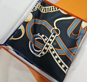 Silk-Feel Navy Chain & Straps Print Scarf
